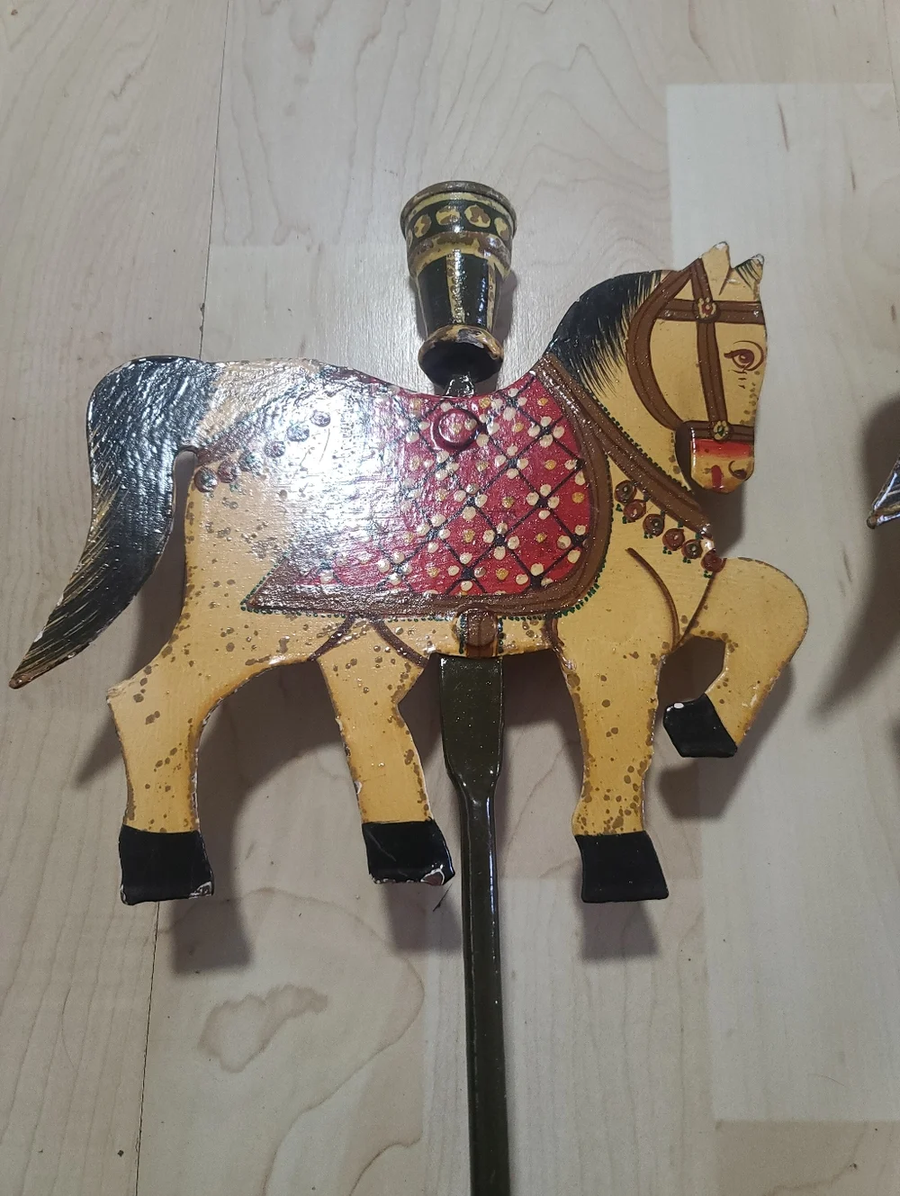Pier 1 Tall Wrought Iron Hand-Painted Folk Carousel Horse Wall Candle Holders X2